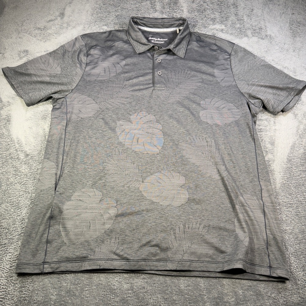 Tommy Bahama IslandZone Mens Large Grey Tonal Tropical Leaf Polo Shirt Stretch